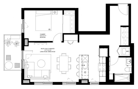 Floor plan for 1 bed, 1 bath, 780 sqft